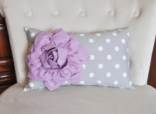Load image into Gallery viewer, Decorative Lumbar Pillow Lilac Dahlia on Gray and White Polka Dot Lumbar Pillow 9 x 16 - Daisy Manor
