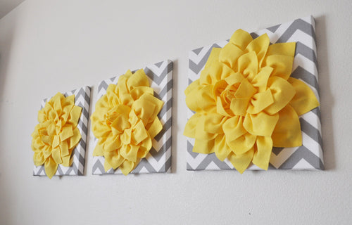 Three Bright Yellow Dahlia on Gray and White Chevron Canvases - Daisy Manor