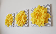 Load image into Gallery viewer, Three Bright Yellow Dahlia on Gray and White Chevron Canvases - Daisy Manor
