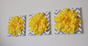 Three Bright Yellow Dahlia on Gray and White Chevron Canvases - Daisy Manor