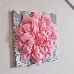 Three Light Pink Dahlia Flowers on Gray and White Damask Canvases - Daisy Manor