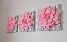 Load image into Gallery viewer, Three Light Pink Dahlia Flowers on Gray and White Damask Canvases - Daisy Manor
