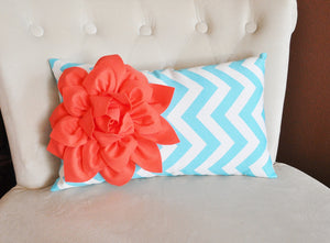 Decorative Nursery Pillow Coral Flower on Aqua Chevron Lumbar Pillow - Daisy Manor