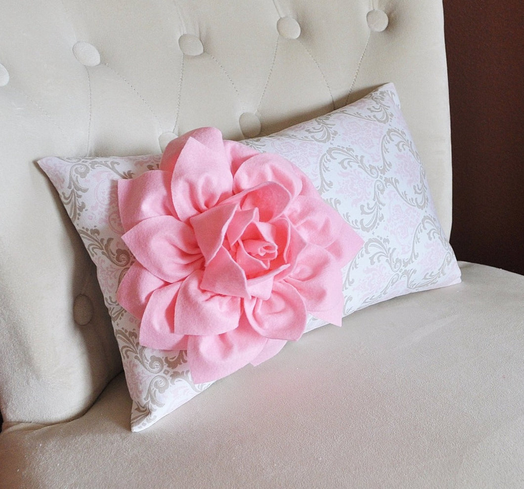 Light Pink Dahlia on Pink Taupe Damask Pillow Lumbar Pillow 9 x 16 Baby Nursery Decor - Daisy Manor