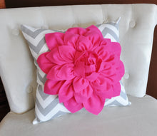 Load image into Gallery viewer, Pillows Hot Pink Dahlia on Gray and White Zigzag Pillow -Decorative Throw Pillow- - Daisy Manor
