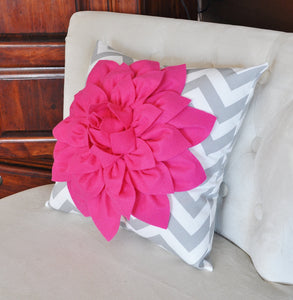 Pillows Hot Pink Dahlia on Gray and White Zigzag Pillow -Decorative Throw Pillow- - Daisy Manor