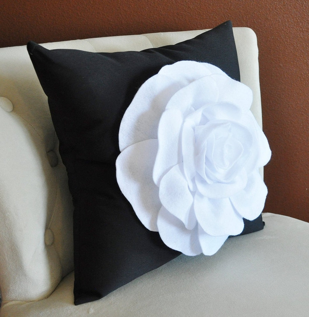 White Rose on Black Decorative Pillow - Daisy Manor