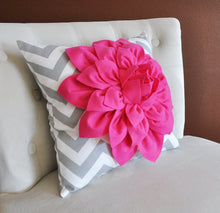 Load image into Gallery viewer, Pillows Hot Pink Dahlia on Gray and White Zigzag Pillow -Decorative Throw Pillow- - Daisy Manor
