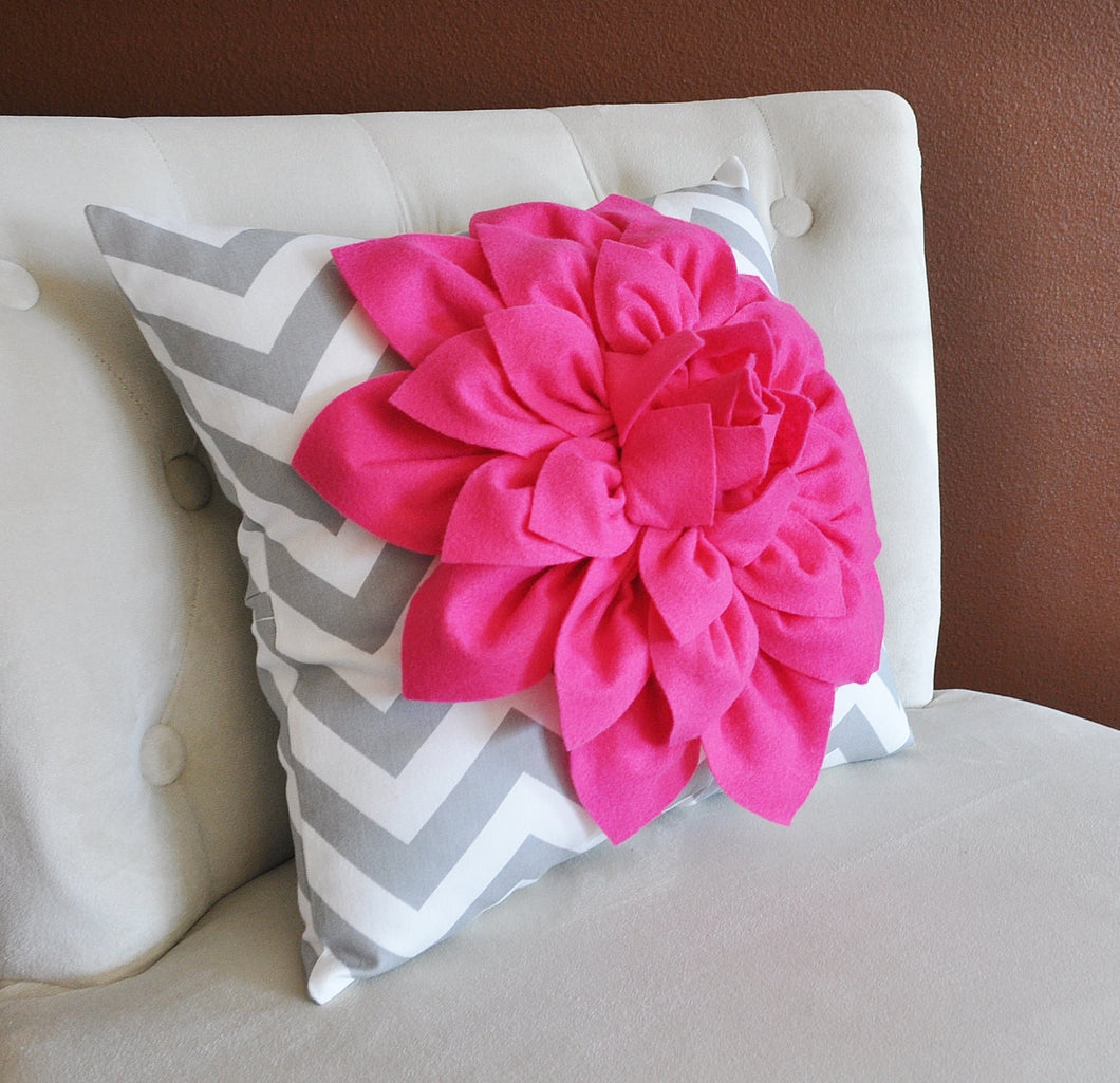 Pillows Hot Pink Dahlia on Gray and White Zigzag Pillow -Decorative Throw Pillow- - Daisy Manor