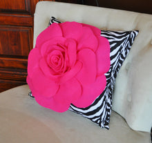 Load image into Gallery viewer, Hot Pink Rose on Zebra Pillow 14x14 - Daisy Manor
