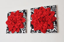 Load image into Gallery viewer, Three Red Dahlia Flowers on Black and White Damask Print Canvases - Daisy Manor
