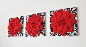 Wall Hanging Set - Red Dahlia Flowers On Black And White Damask Print 12 x 12 " Canvas Wall Art - Baby Nursery Wall Decor - - Daisy Manor