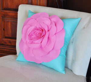 Throw Pillow Pink Rose on Bright Aqua Pillow 16 x 16 - Daisy Manor