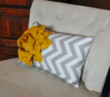 Load image into Gallery viewer, Decorative Lumbar Pillow Mustard Dahlia on Storm Gray and White Chevron Lumbar Pillow - Daisy Manor
