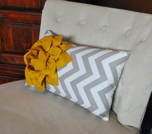 Decorative Lumbar Pillow Mustard Dahlia on Storm Gray and White Chevron Lumbar Pillow - Daisy Manor