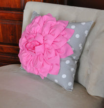 Load image into Gallery viewer, Pink Dahlia on Gray and White Polka Dot Pillow -Baby Nursery Pillow- Toss Pillow Decorative Pillow - Daisy Manor
