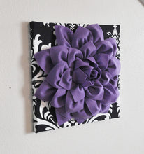 Load image into Gallery viewer, Two Flower Wall Hangings-Lavender Dahlia Flowers on Black and White Damask Print 12 x12&quot; Canvas Wall Art- Baby Nursery Wall - Daisy Manor
