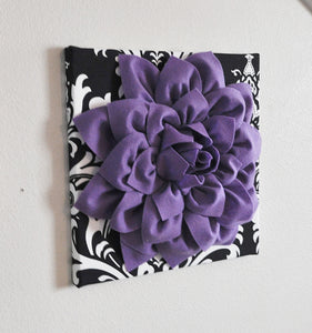 Two Flower Wall Hangings-Lavender Dahlia Flowers on Black and White Damask Print 12 x12" Canvas Wall Art- Baby Nursery Wall - Daisy Manor