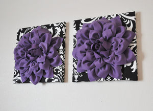 Two Flower Wall Hangings-Lavender Dahlia Flowers on Black and White Damask Print 12 x12" Canvas Wall Art- Baby Nursery Wall - Daisy Manor