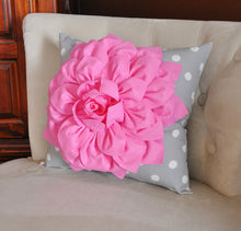 Load image into Gallery viewer, Pink Dahlia on Gray and White Polka Dot Pillow -Baby Nursery Pillow- Toss Pillow Decorative Pillow - Daisy Manor
