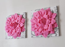 Load image into Gallery viewer, Two Wall Flower Hangings -Pink Dahlia on White and Gray Damask 12 x12&quot; Canvas Wall Art- Baby Nursery Wall Decor- - Daisy Manor
