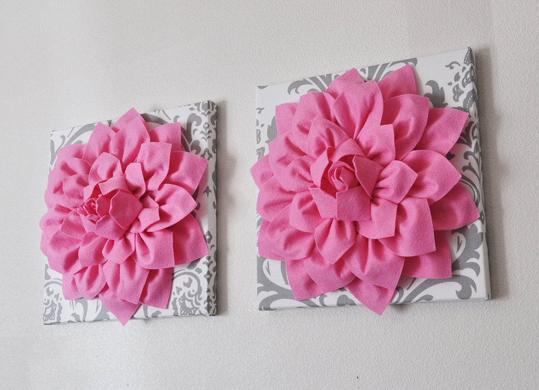 Two Wall Flower Hangings -Pink Dahlia on White and Gray Damask 12 x12