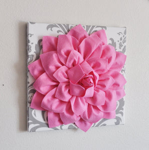 Three Pink Dahlia Flowers on White and Gray Damask Canvases - Daisy Manor