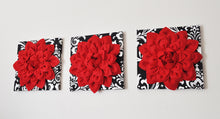 Load image into Gallery viewer, Three Red Dahlia Flowers on Black and White Damask Print Canvases - Daisy Manor
