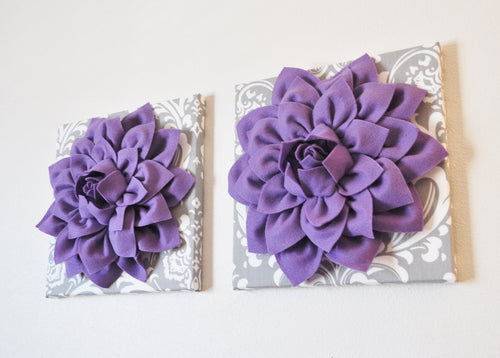 Two Flower Wall Hangings -Lavender Purple Dahlias on Gray and White Damask 12 x12