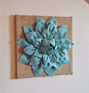 Two Wall Canvases -Dusty Blue Dahlia Flowers on Burlap 12 x12" Canvas Wall Art- Rustic Home Decor- - Daisy Manor