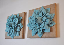 Load image into Gallery viewer, Two Wall Canvases -Dusty Blue Dahlia Flowers on Burlap 12 x12&quot; Canvas Wall Art- Rustic Home Decor- - Daisy Manor
