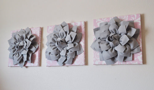 Three Gray Dahlias on Light Pink Damask Canvases - Daisy Manor