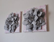 Load image into Gallery viewer, Three Gray Dahlias on Light Pink Damask Canvases - Daisy Manor
