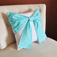 Load image into Gallery viewer, Throw Pillow Set White Bow on Bright Aqua Pillow and Bright Aqua Bow on White Pillow 14x14 -Aqua Blue Pillow- - Daisy Manor
