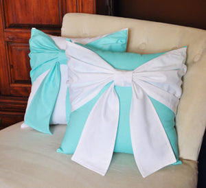 Throw Pillow Set White Bow on Bright Aqua Pillow and Bright Aqua Bow on White Pillow 14x14 -Aqua Blue Pillow- - Daisy Manor
