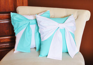 Throw Pillow Set White Bow on Bright Aqua Pillow and Bright Aqua Bow on White Pillow 14x14 -Aqua Blue Pillow- - Daisy Manor