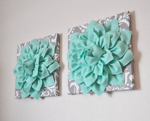 TWO Mint Green Dahlia on Gray and White Damask Canvases Wall Art - Daisy Manor