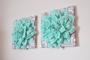 TWO Mint Green Dahlia on Gray and White Damask Canvases Wall Art - Daisy Manor