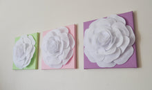 Load image into Gallery viewer, Three White Roses on Light Pink Lilac Light Green Canvases - Daisy Manor
