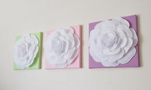 Load image into Gallery viewer, Three White Roses on Light Pink Lilac Light Green Canvases - Daisy Manor

