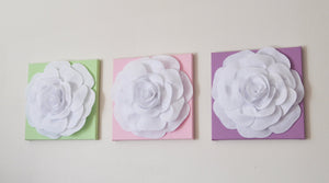 Three White Roses on Light Pink Lilac Light Green Canvases - Daisy Manor