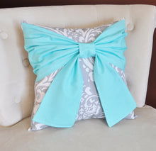 Load image into Gallery viewer, Throw Pillow Set Bright Aqua Bow on Gray and White Damask Pillows 14x14 -Aqua Blue Pillow- Baby Nursery Decor- - Daisy Manor

