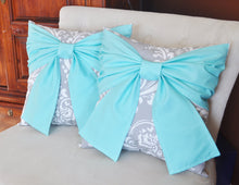 Load image into Gallery viewer, Throw Pillow Set Bright Aqua Bow on Gray and White Damask Pillows 14x14 -Aqua Blue Pillow- Baby Nursery Decor- - Daisy Manor

