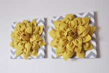 Load image into Gallery viewer, Two Wall Flowers -Mellow Yellow Dahlia on Gray and White Chevron 12 x12&quot; Canvas Wall Art- 3D Felt Flower - Daisy Manor
