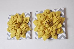 Two Wall Flowers -Mellow Yellow Dahlia on Gray and White Chevron 12 x12" Canvas Wall Art- 3D Felt Flower - Daisy Manor