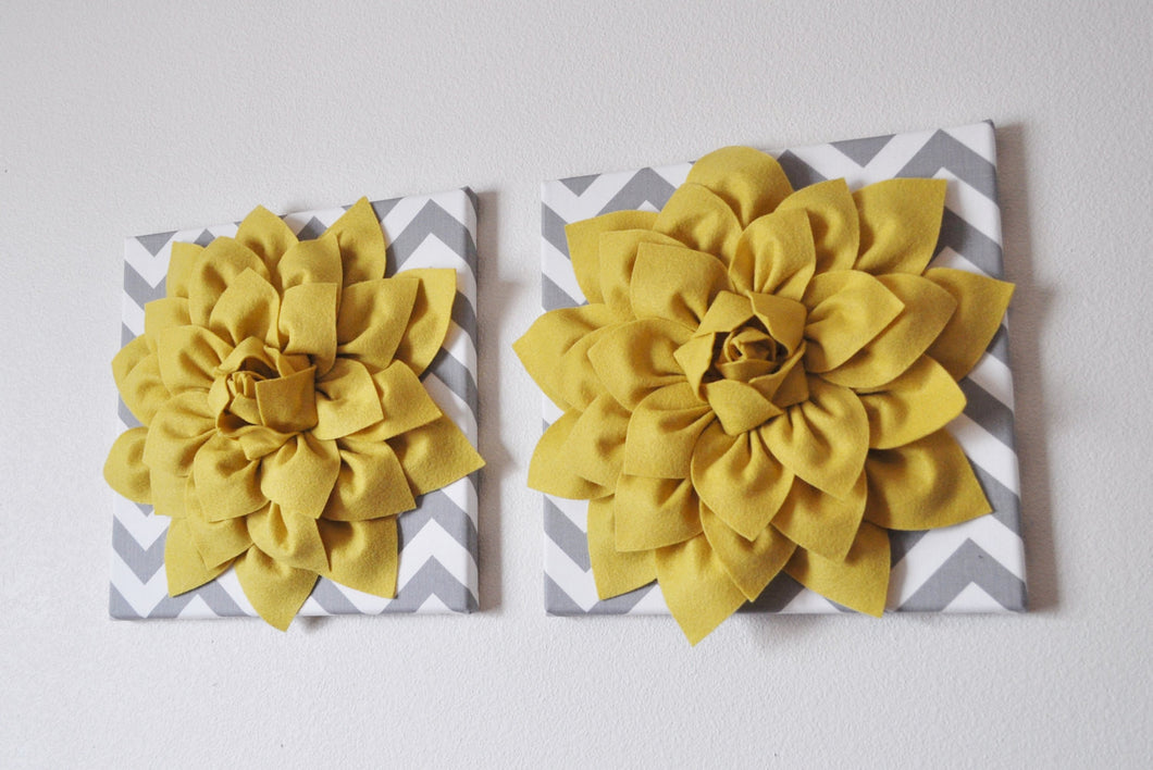 Two Wall Flowers -Mellow Yellow Dahlia on Gray and White Chevron 12 x12