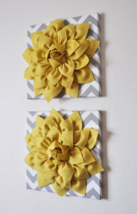 Two Wall Flowers -Mellow Yellow Dahlia on Gray and White Chevron 12 x12" Canvas Wall Art- 3D Felt Flower - Daisy Manor