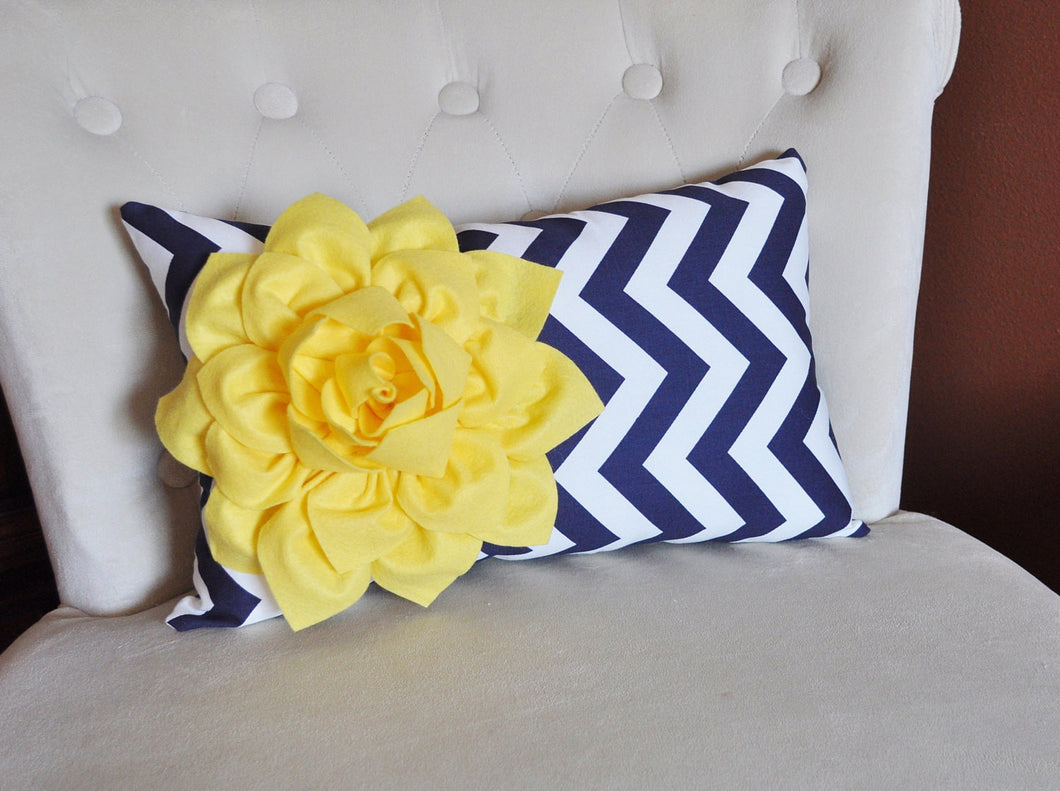 Decorative Pillow Yellow Dahlia on Navy and White Zig Zag Chevron Lumbar Pillow 9 x 16 - Daisy Manor