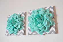 Load image into Gallery viewer, Four Wall Flowers -Mint Dahlia Flowers on Gray and White Chevron 12 x12&quot; Canvas Wall Art- Baby Nursery Wall Decor- - Daisy Manor
