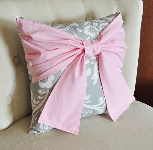 Throw Pillow Light Pink Bow on a Gray and White Damask Pillow 14x14 Pink and Gray Decor - Daisy Manor